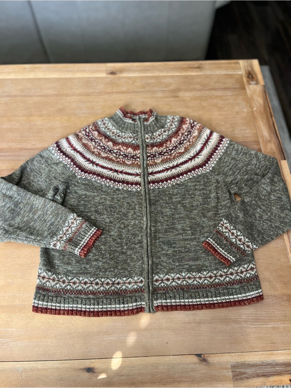 Vintage Tiara International Olive Green Fair Isle Full Zip Cardigan Sweater~XL